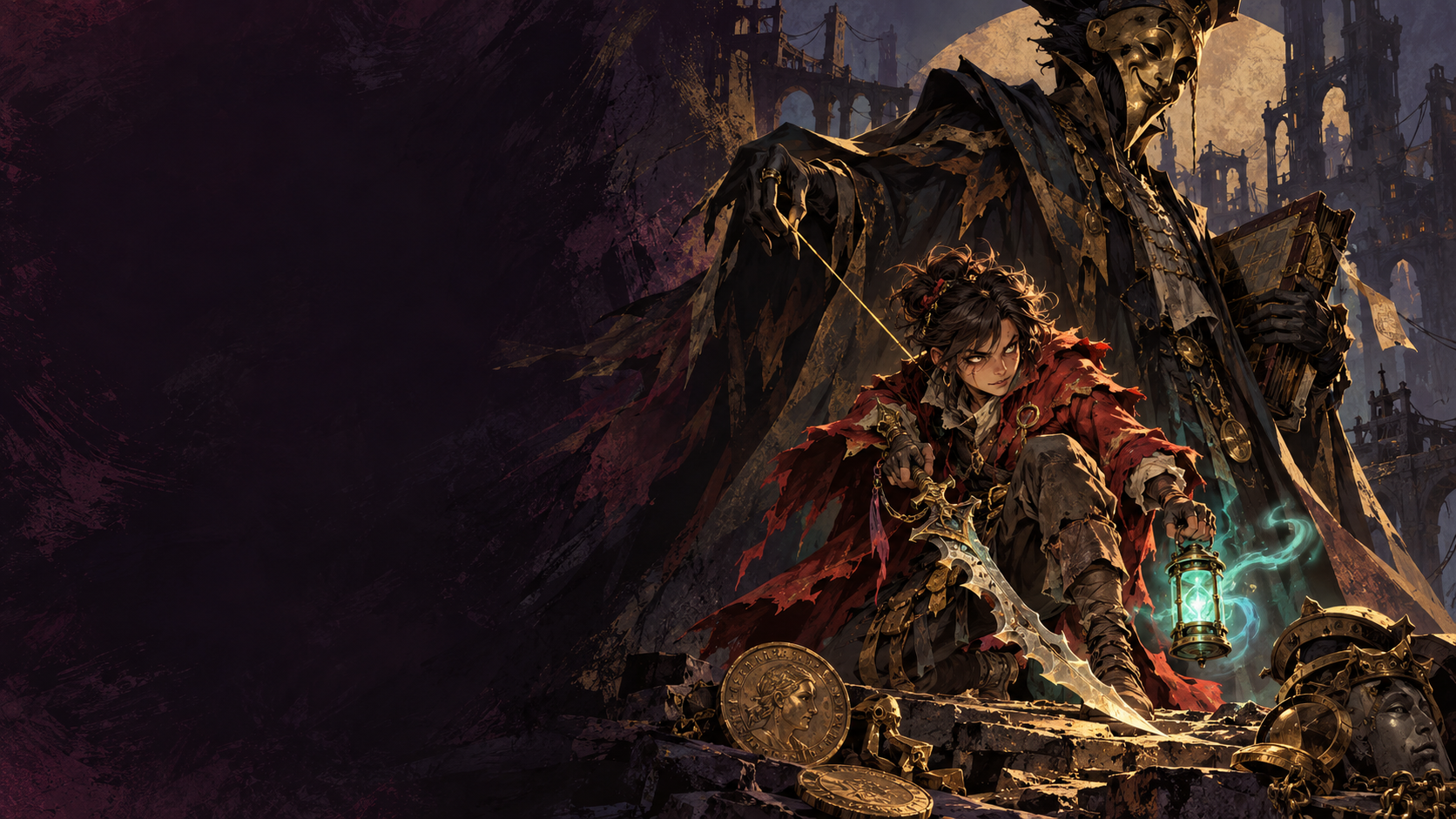 A defiant young adventurer beneath a grinning gold-masked creditor, bound by fine golden debt threads